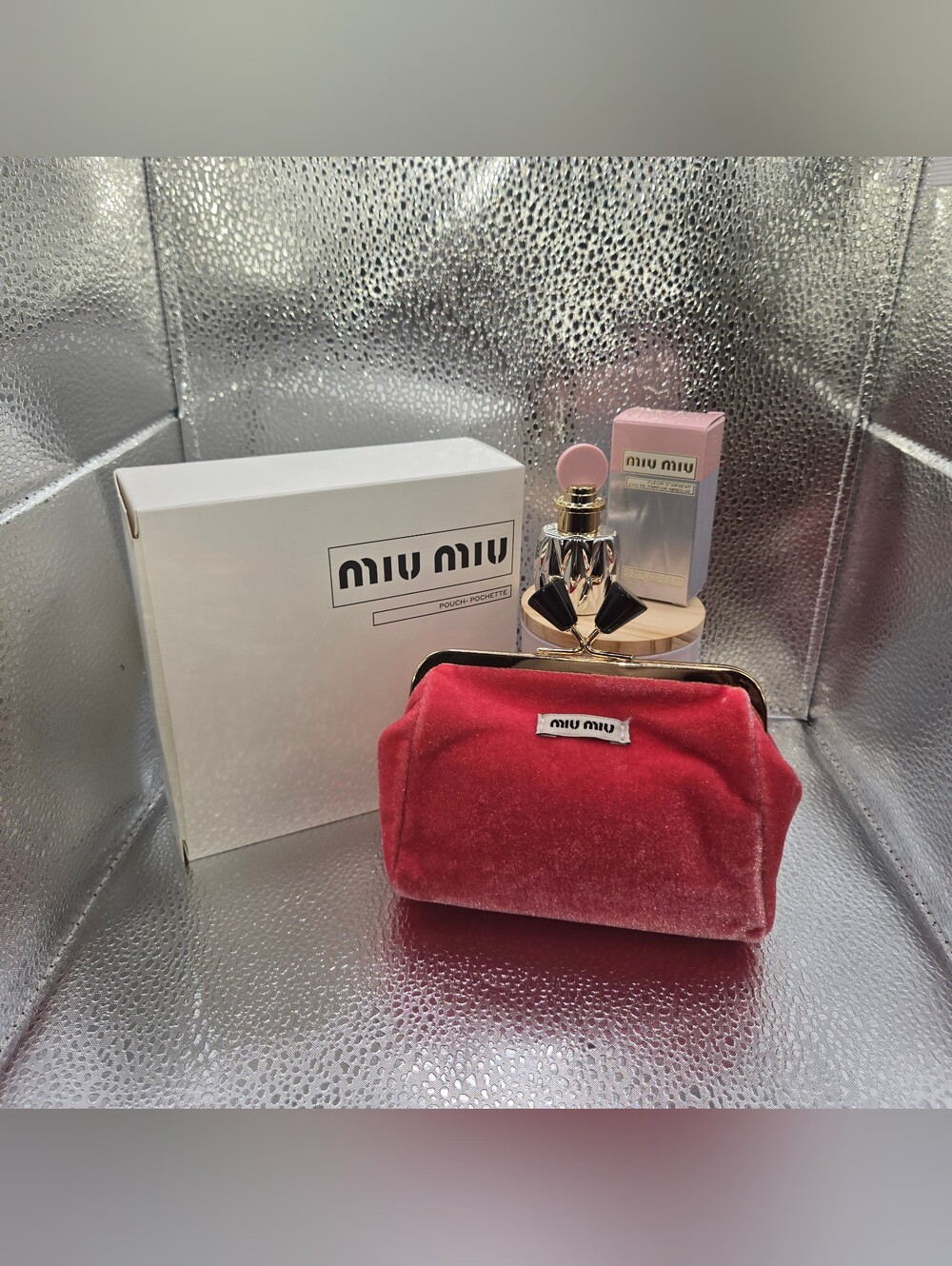 Miu Miu Velvet Cosmetic Pouch in Deep Pink & Mini Dabber Perfume New In Box
